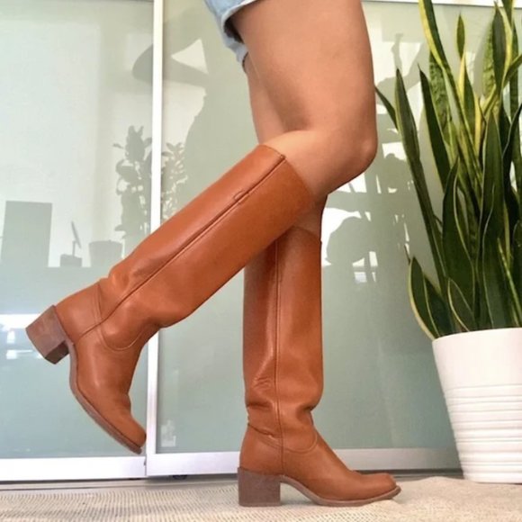 Frye Shoes - $499 Frye Cognac Saddle Leather Knee High Heeled Tall Fall/Winter Chunky Boot